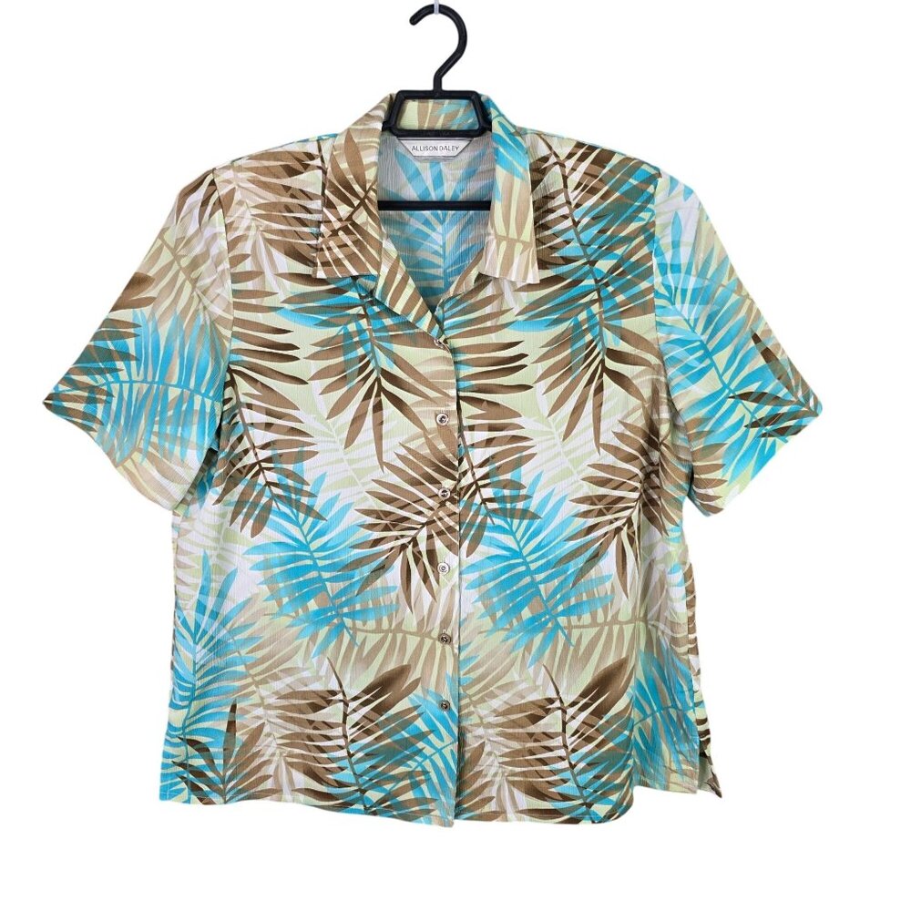 Womens Allison Daley Tropical Leaf Print Blouse Button-Up Short Sleeve Size 16